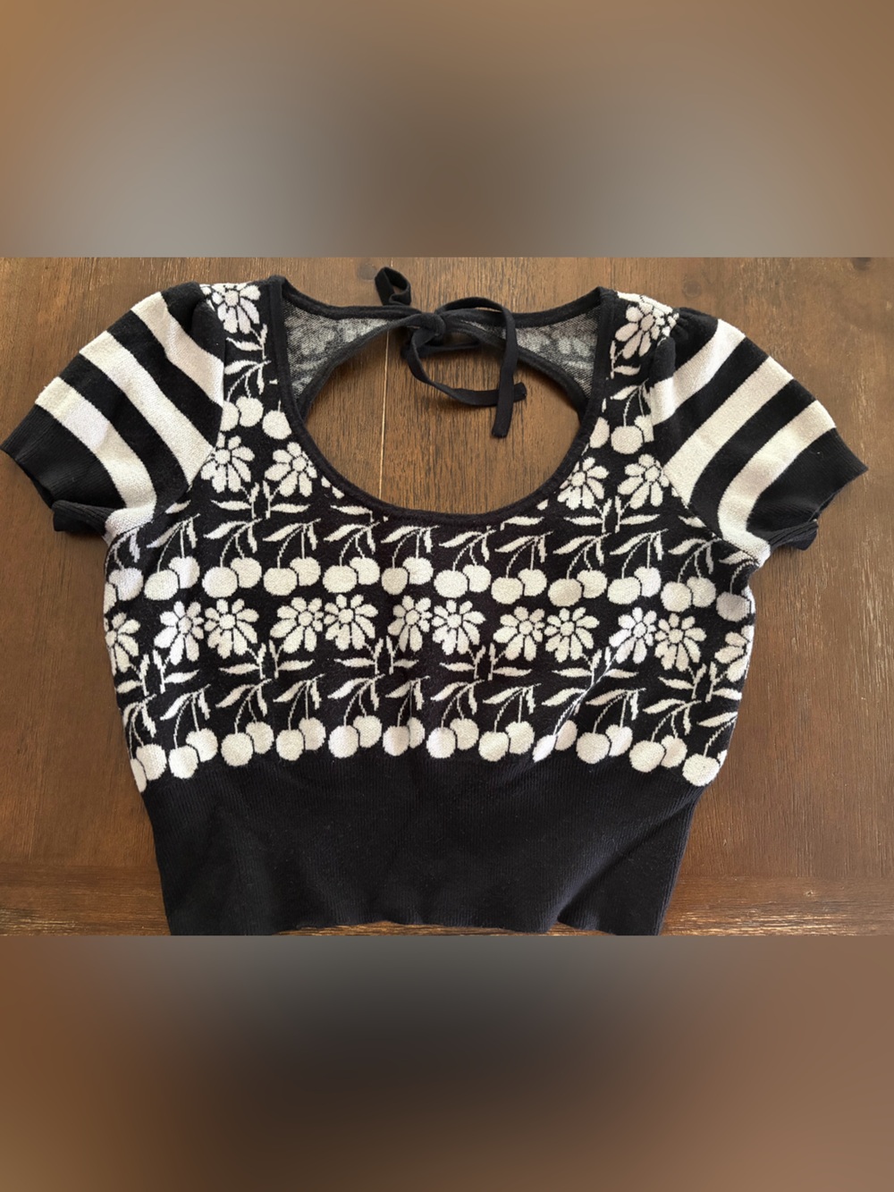 Maeve from Anthropologie Black and White Floral Cherry Stripe Sweater